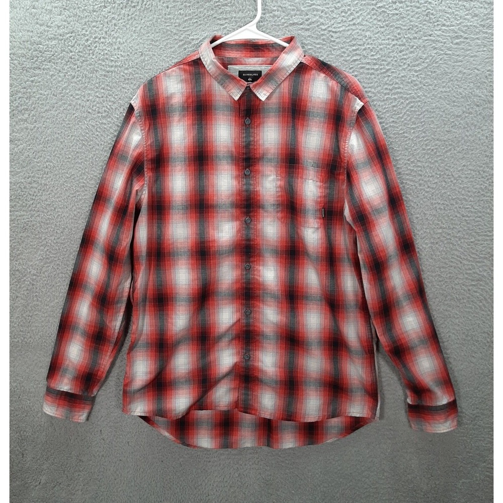 Quiksilver Shirt Mens Large Red Black Gray Plaid Surfer Skater Grunge Workwear